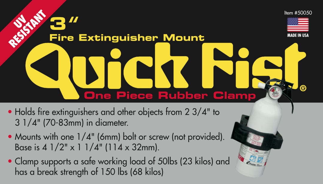 Information on Quick Fist 75mm clamp for fire extinguishers and other equipment