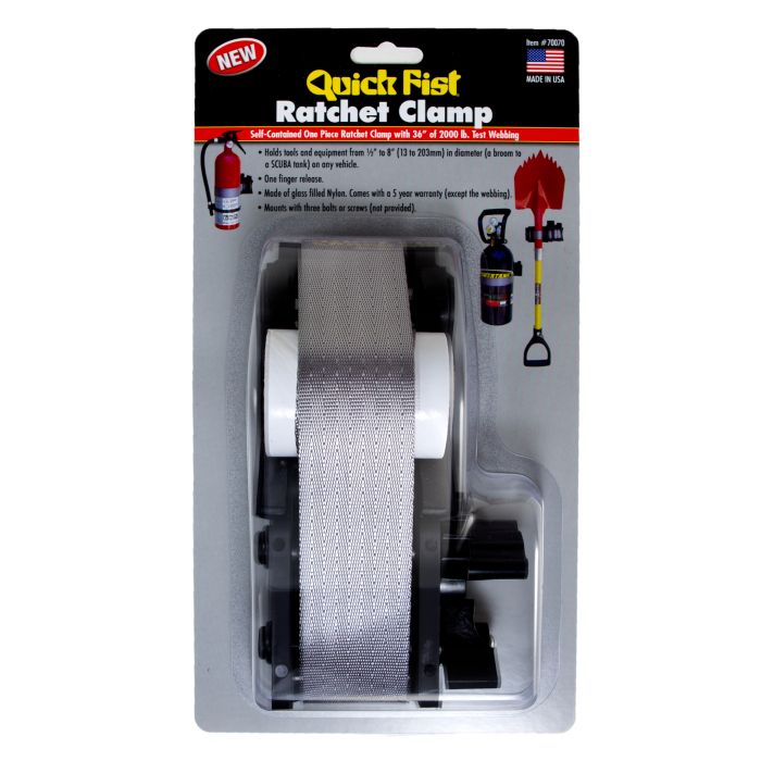 Quick Fist Ratchet Clamp with heavy-duty 36 inch ratchet strap for mounting large tools and equipment.