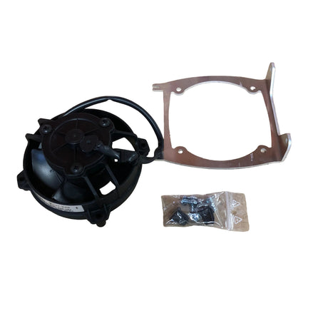 close up of SPAL 4 inch radiator cooling fan designed for high performance enduro bikes