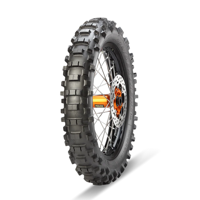 Metzeler MCE 6 Days Extreme Super Soft 140/80-18 rear tyre showing sidewall branding and extreme enduro design