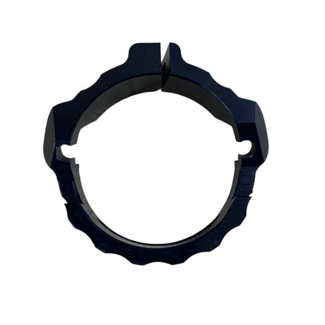 Underside view of the exhaust flange guard showing internal machining and surface finish for KTM & Husqvarna 250/300 (2017–2024)